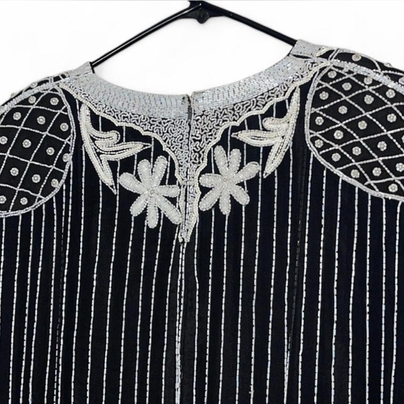 1980s Vintage Silk Beaded Mini Dress V Neckline Black White - Picture 6 of 8